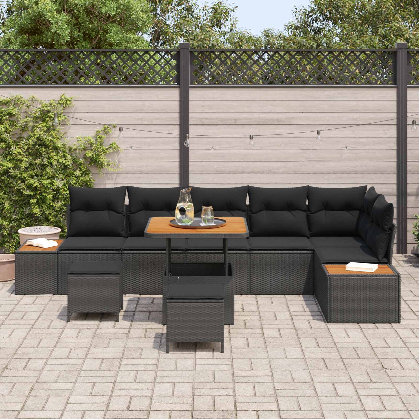 Havesofa Sæt med pude med opbevaring 9 pcs Sort Poly rattan