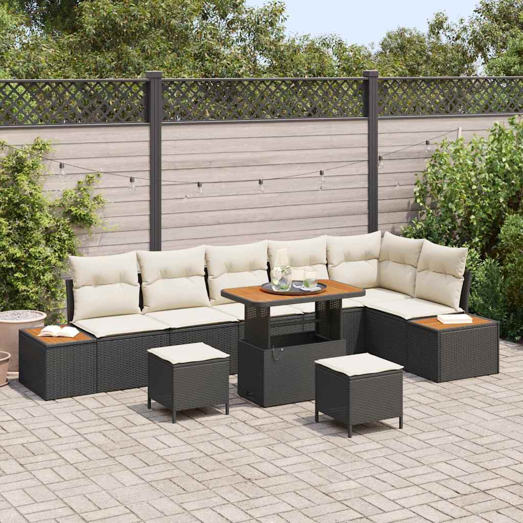 Havesofa Sæt med pude med opbevaring 9 pcs Sort Poly rattan
