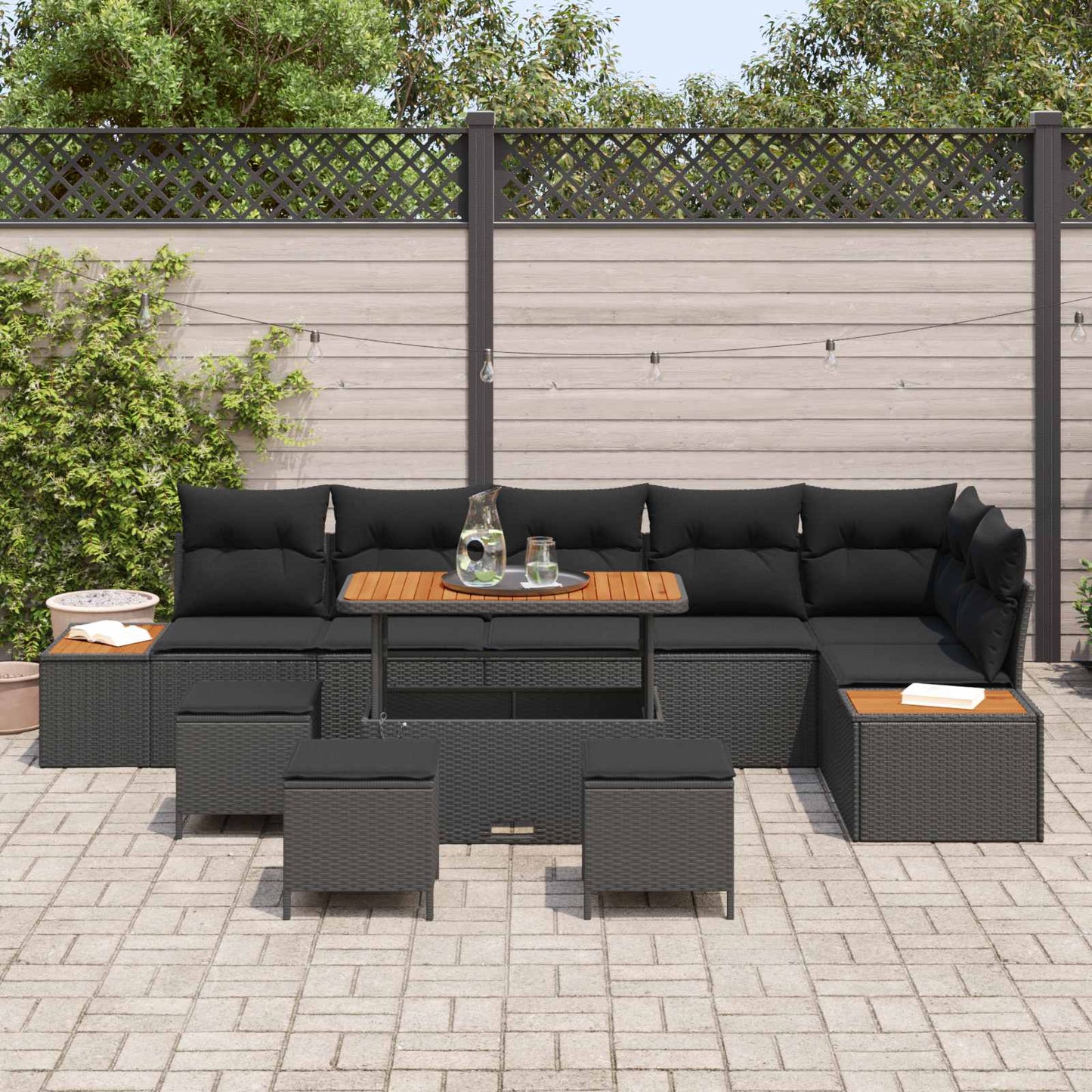 Havesofa Sæt med pude med opbevaring 10 pcs Sort Poly rattan