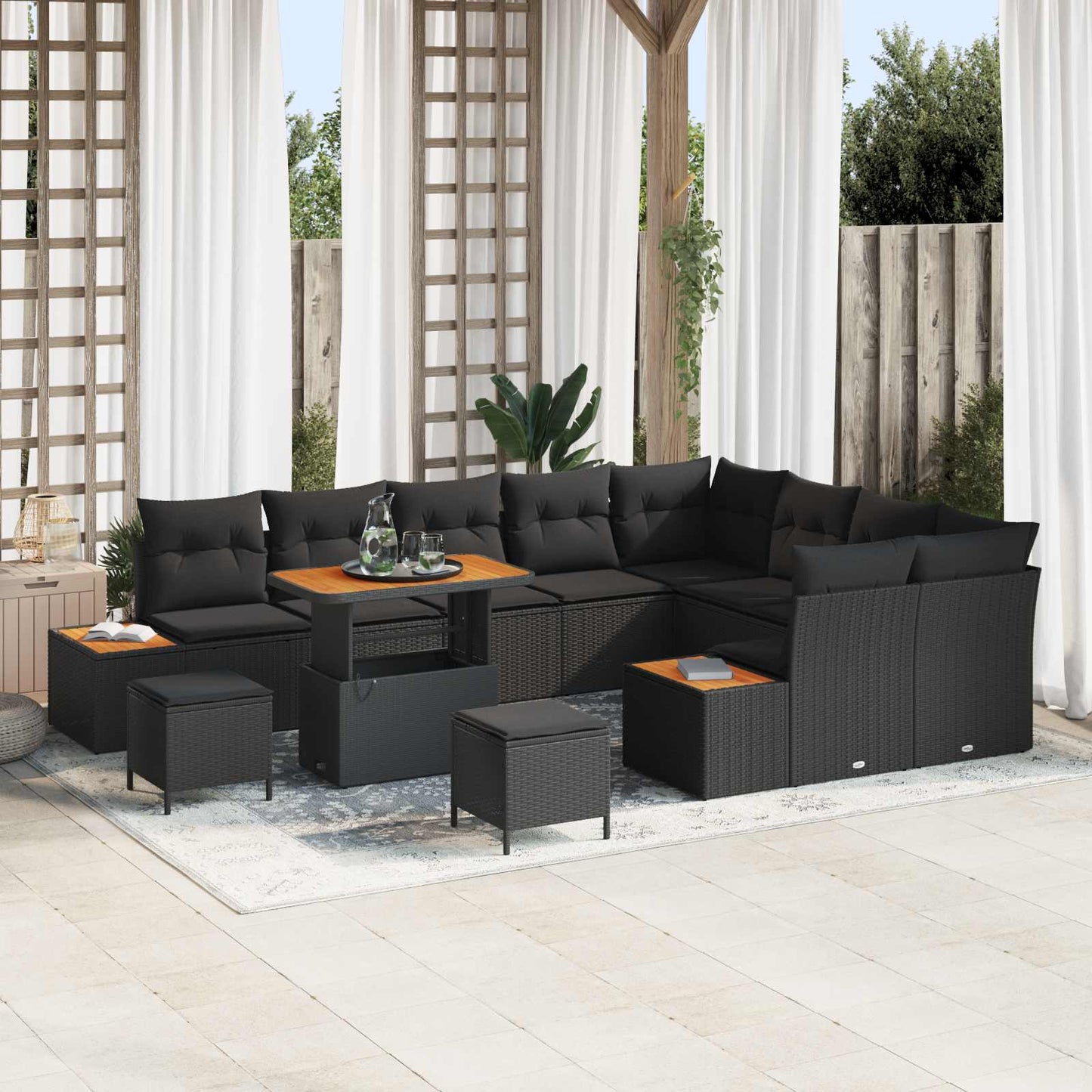 Havesofa Sæt med pude med opbevaring 12 pcs Sort Poly rattan