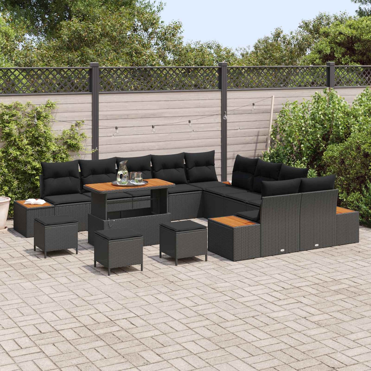 Havesofa Sæt med pude med opbevaring 14 pcs Sort Poly rattan