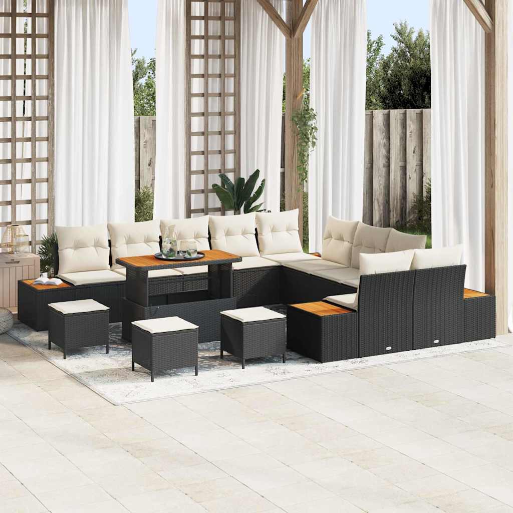 Havesofa Sæt med pude med opbevaring 14 pcs Sort Poly rattan