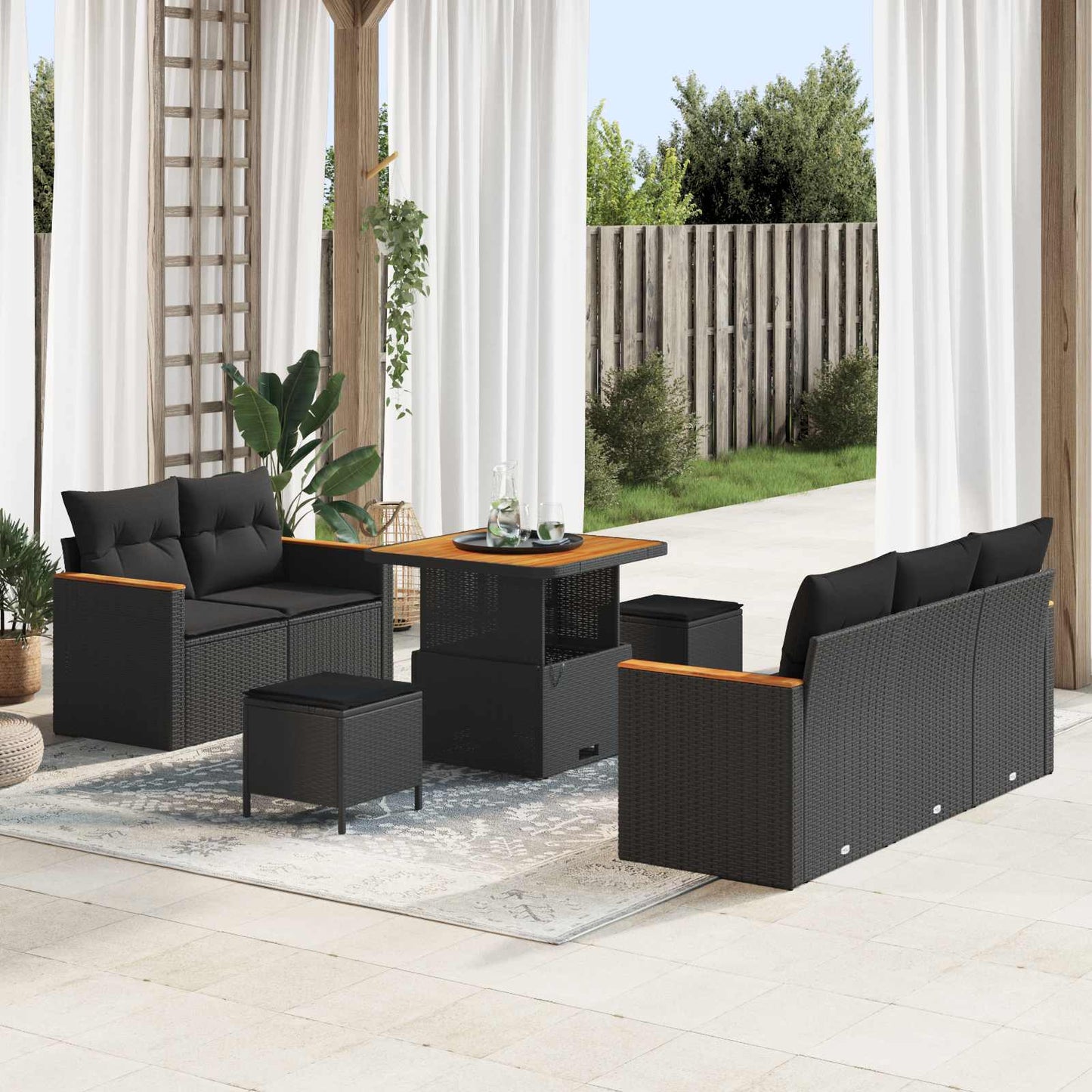 Havesofa Sæt med pude 10 pcs Sort polyrattan