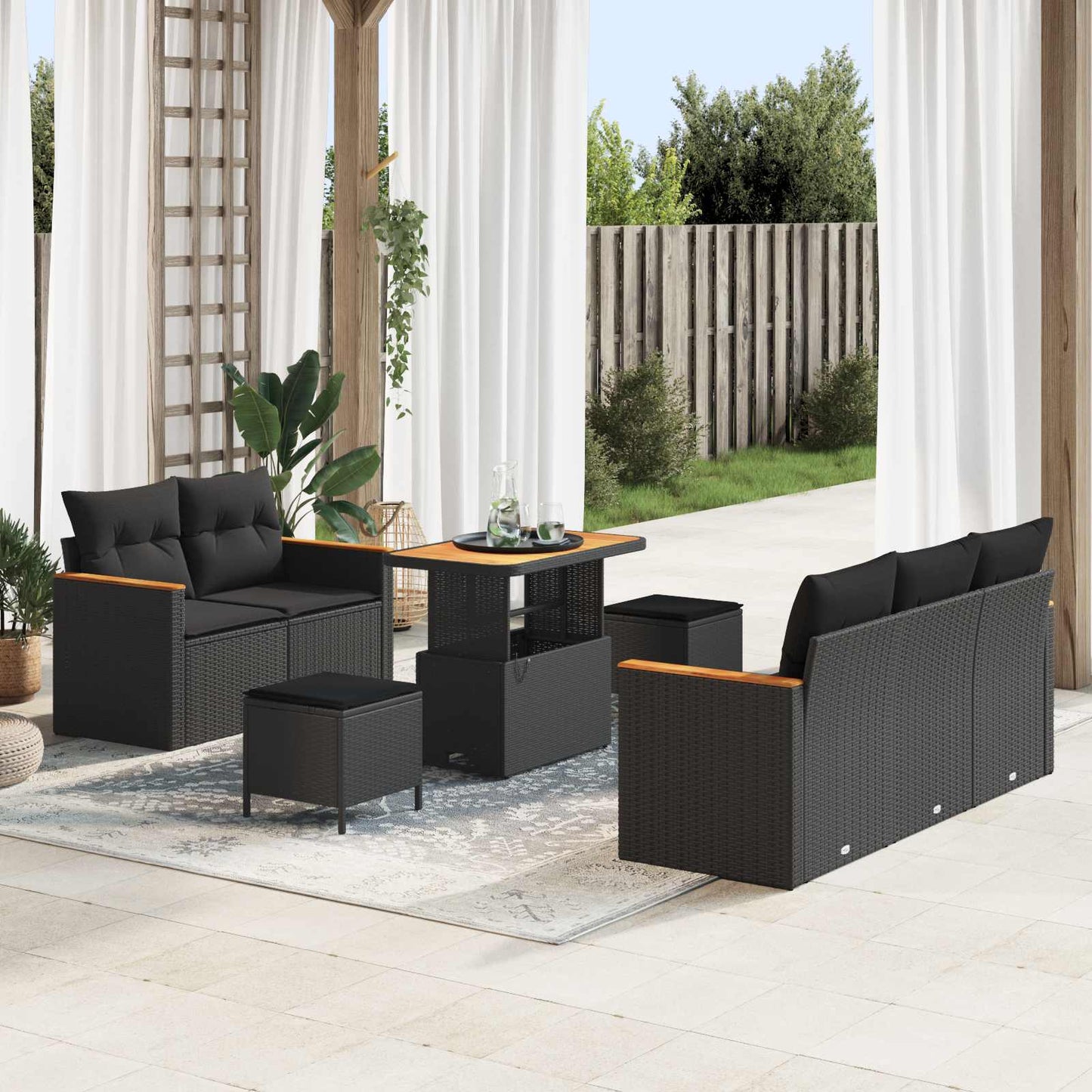 Havesofa Sæt med pude 10 pcs Sort polyrattan