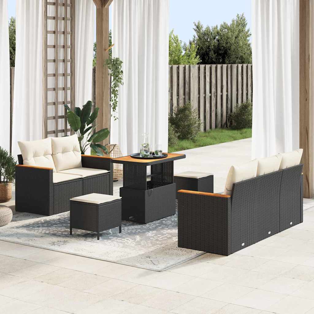 Havesofa Sæt med pude 10 pcs Sort og Cream polyrattan