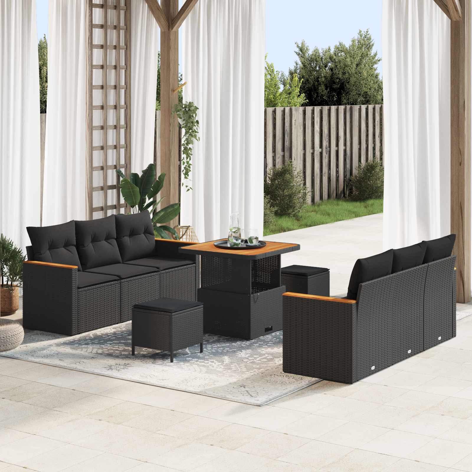 Havesofa sæt med puder - 11 dele i sort polyrattan, modulopbygget