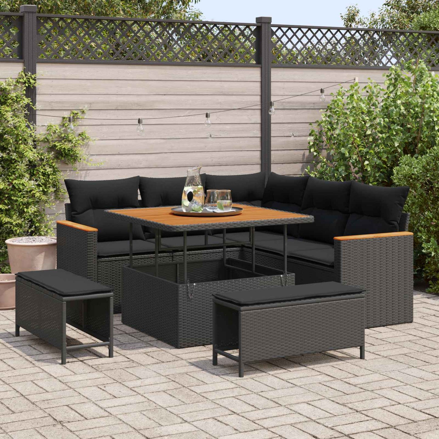 Havesofa Sæt med pude 8 pcs Sort Poly rattan
