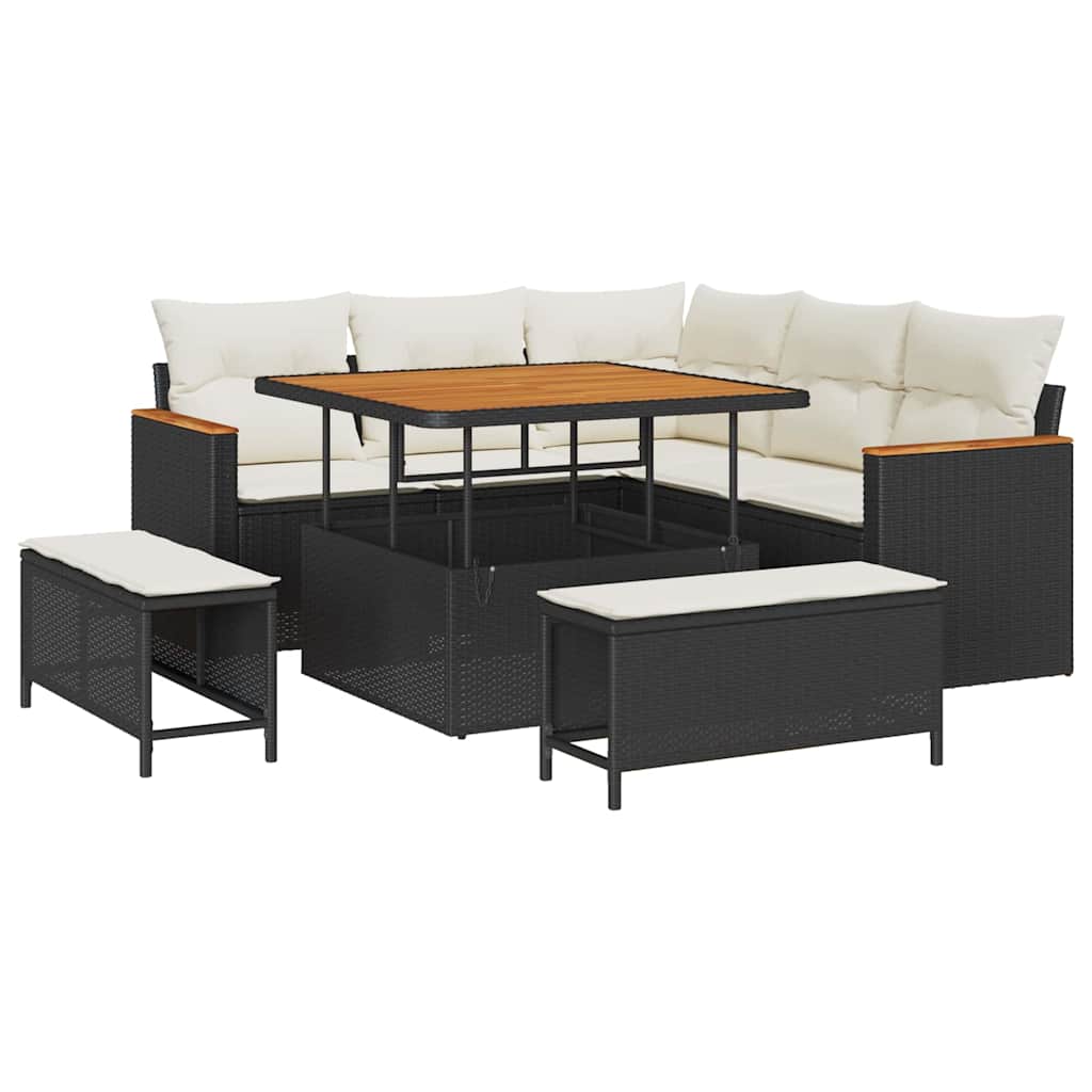 Havesofa Sæt med pude 8 pcs Sort Poly rattan