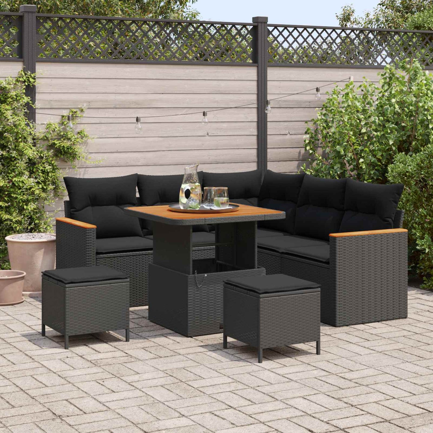 Havesofa Sæt med pude 8 pcs Sort Poly rattan