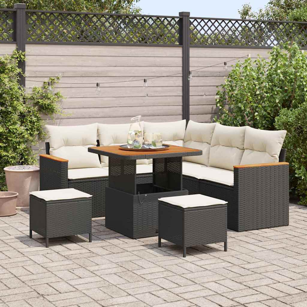 Havesofa Sæt med pude 8 pcs Sort Poly rattan