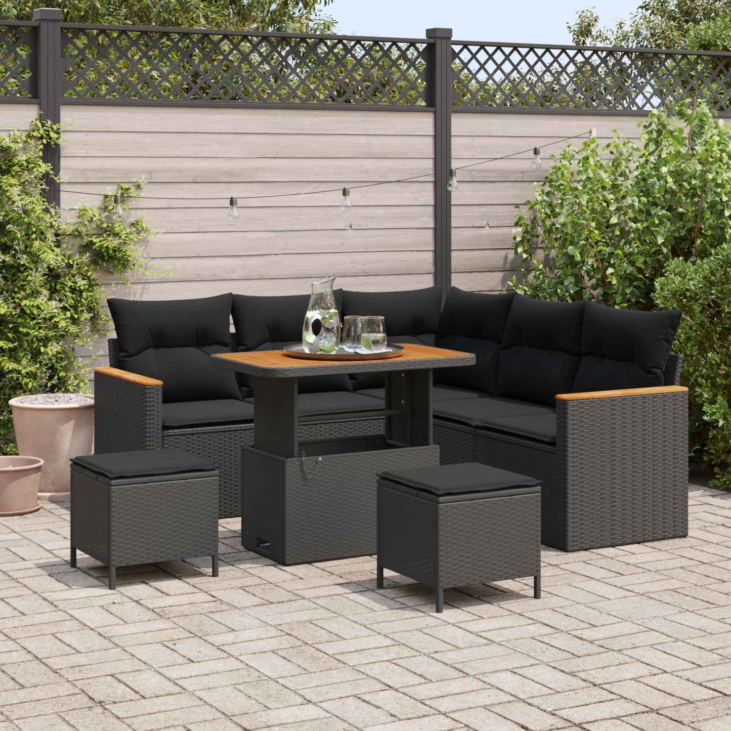 Havesofa Sæt med pude 8 pcs Sort Poly rattan