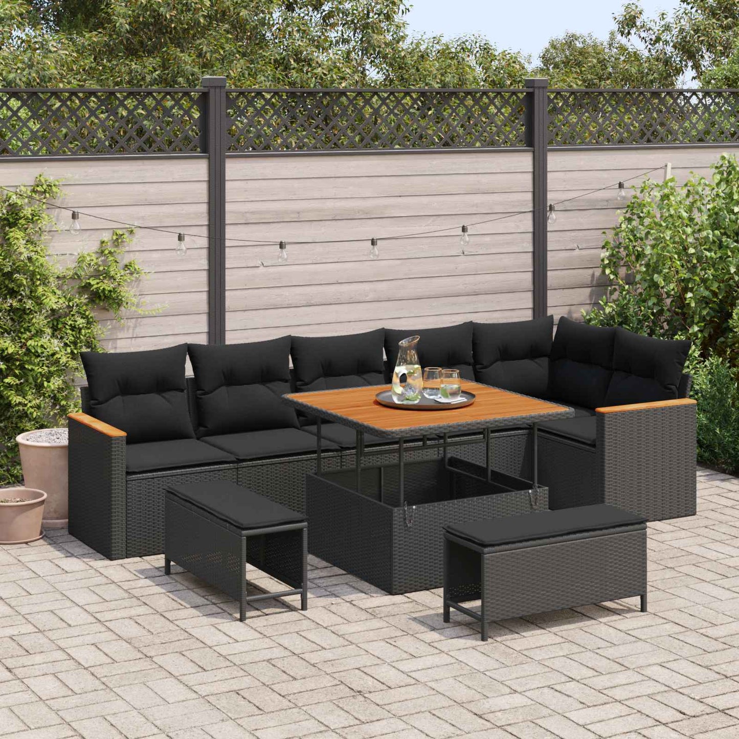 Havesofa Sæt med pude 9 pcs Sort Poly rattan