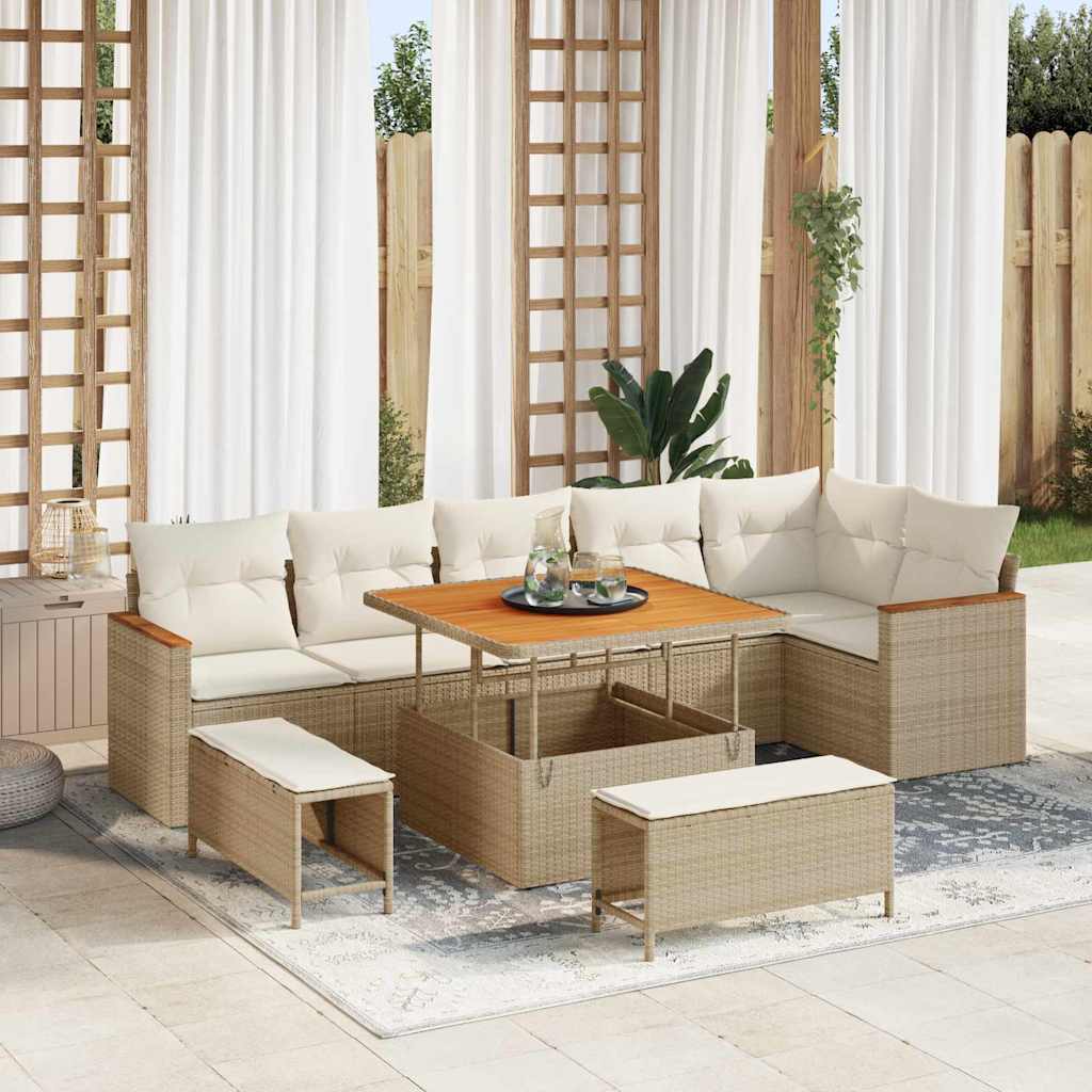 Havesofa Sæt med pude 9 pcs Beige Poly rattan