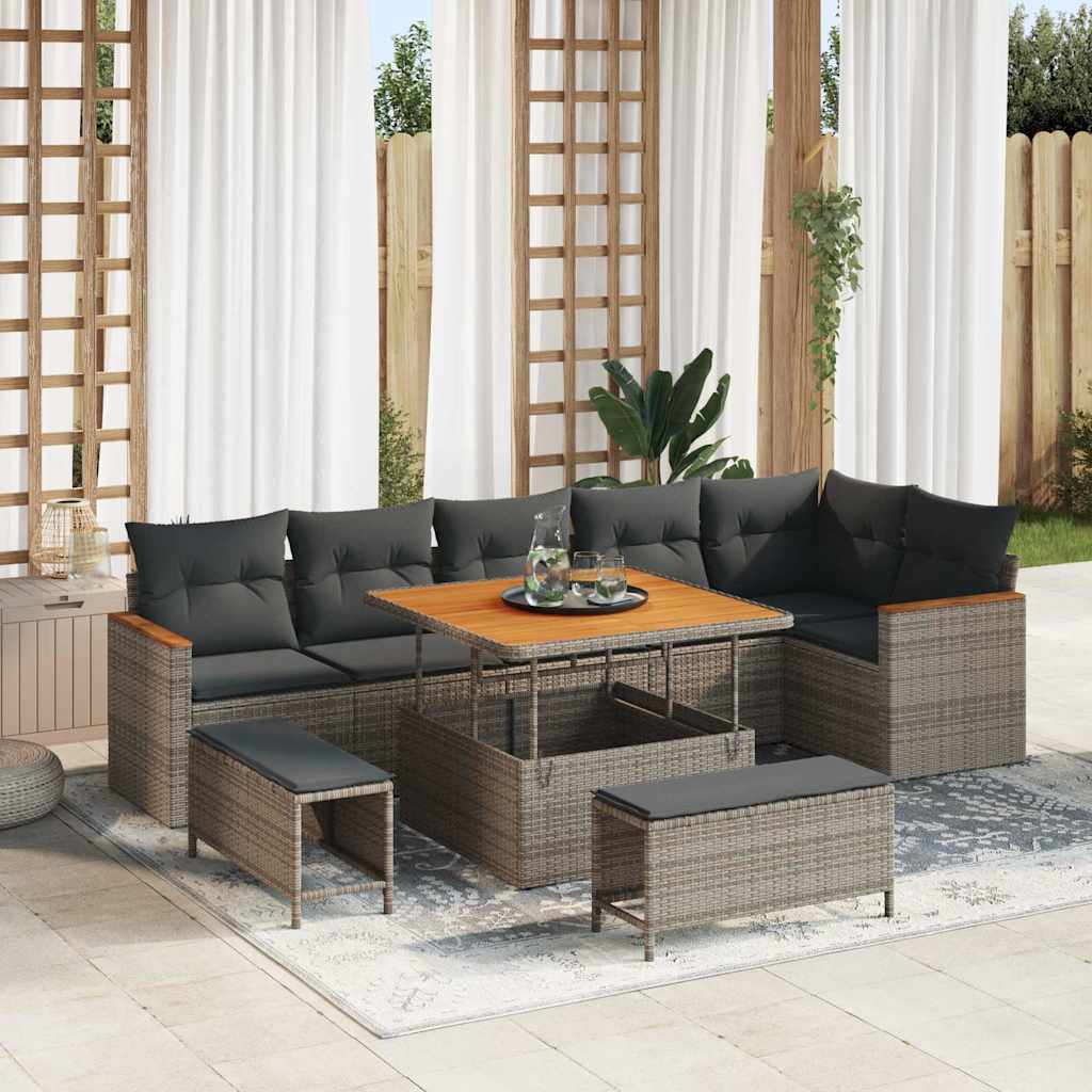 Havesofa Sæt med pude 9 pcs Grå Poly rattan