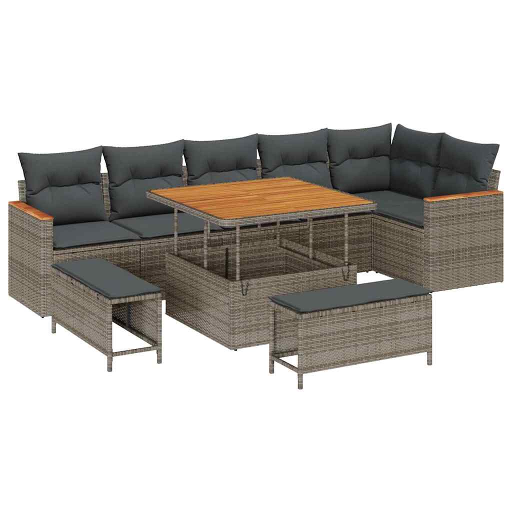 Havesofa Sæt med pude 9 pcs Grå Poly rattan