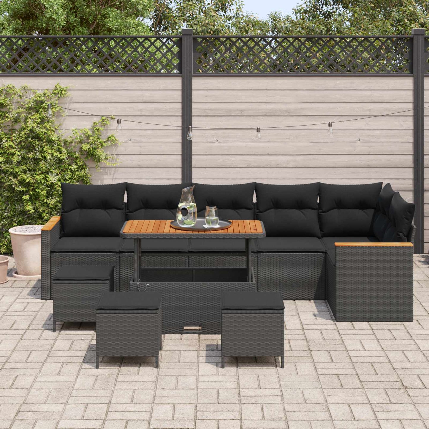 Havesofa Sæt med pude 10 pcs Sort Poly rattan
