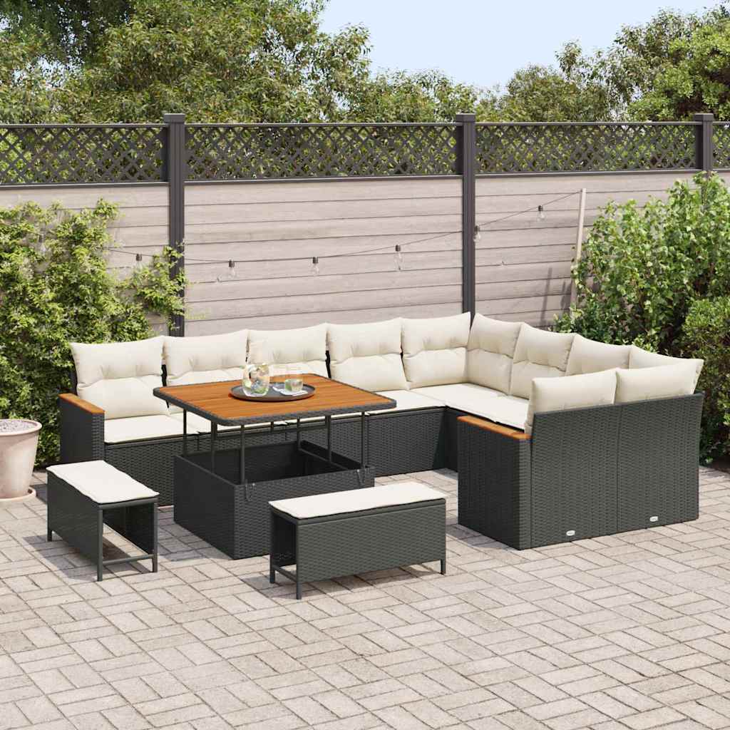 Havesofa Sæt med pude med opbevaring 12 pcs Sort Poly Rattan