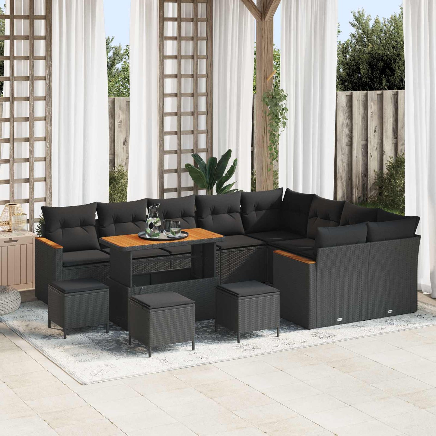 Havesofa Sæt med pude med opbevaring 13 pcs Sort Poly Rattan