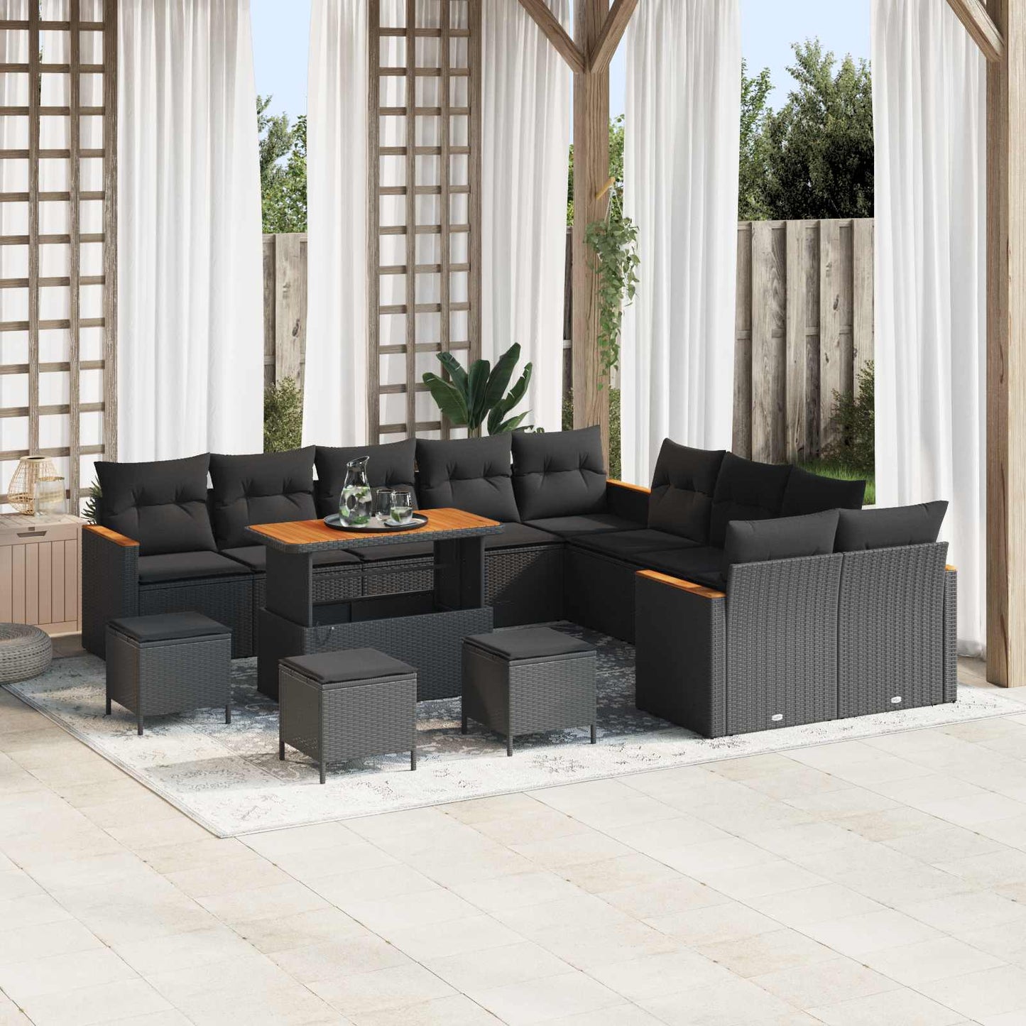 Havesofa Sæt med pude 14 pcs Sort polyrattan