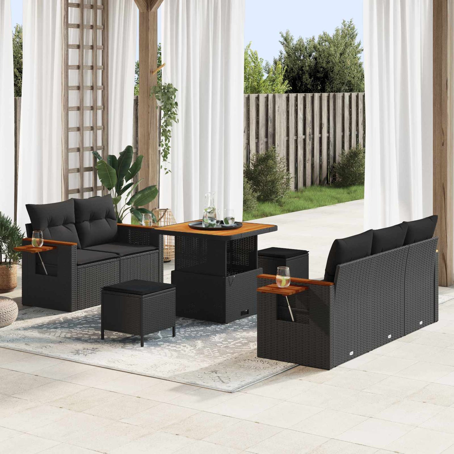 Havesofa Sæt med pude 10 pcs Sort polyrattan