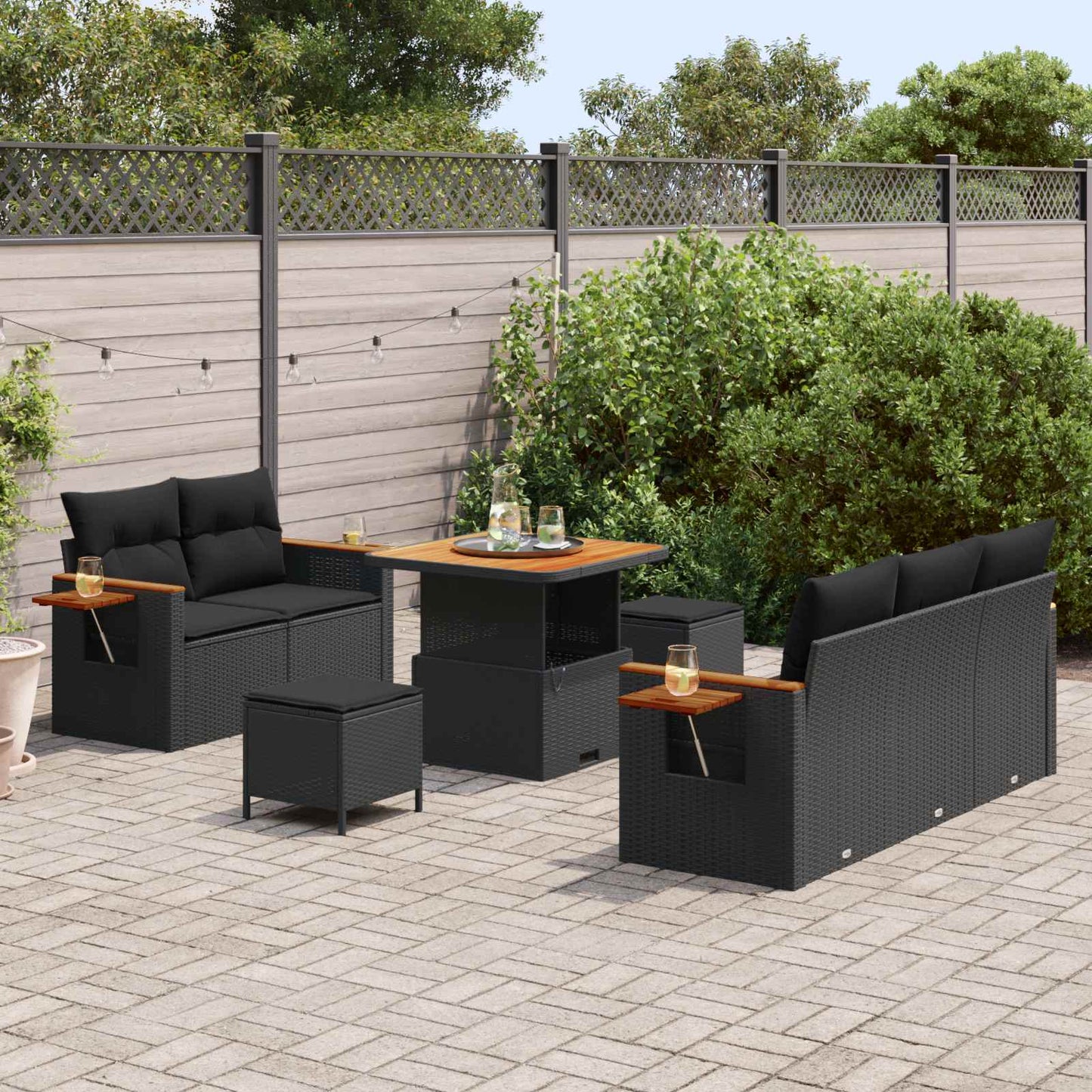 Havesofa Sæt med pude 10 pcs Sort polyrattan