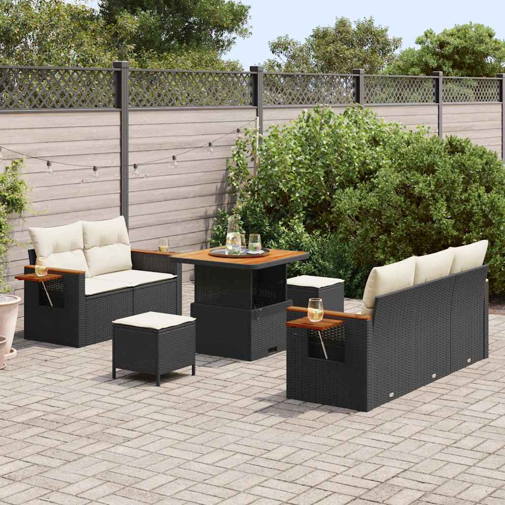 Havesofa Sæt med pude 10 pcs Sort og Cream polyrattan