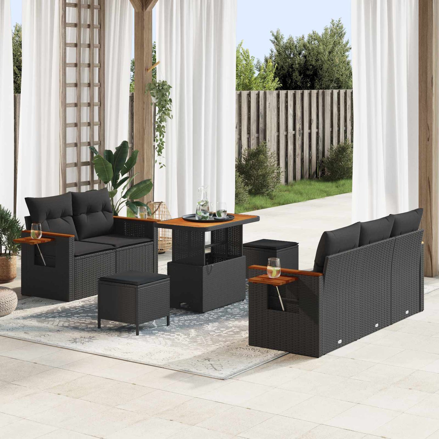 Havesofa Sæt med pude 10 pcs Sort polyrattan