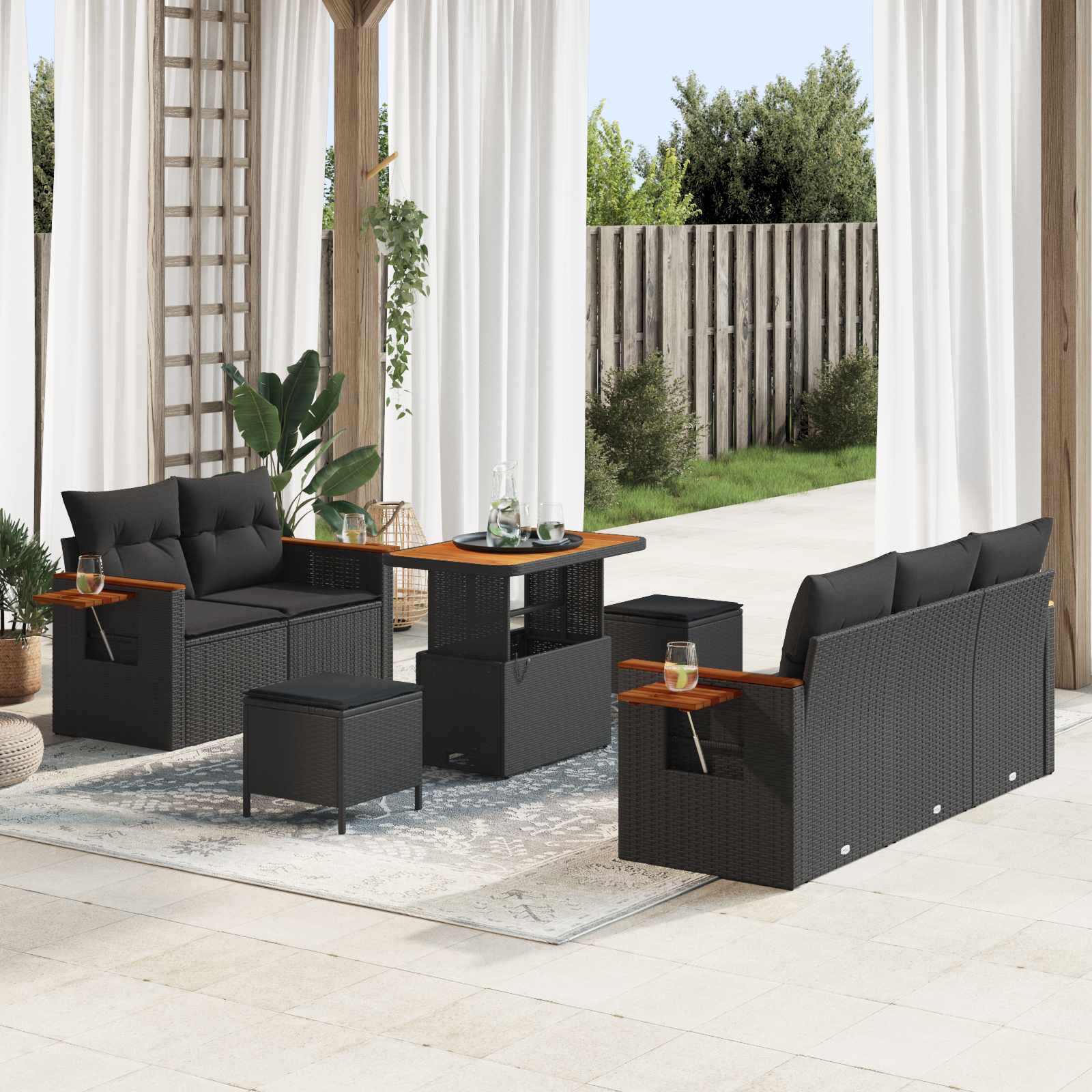 Havesofa sæt i sort polyrattan - modulært loungesæt med puder, 10 dele