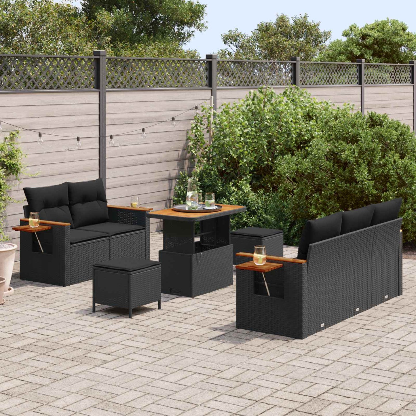 Havesofa Sæt med pude 10 pcs Sort polyrattan