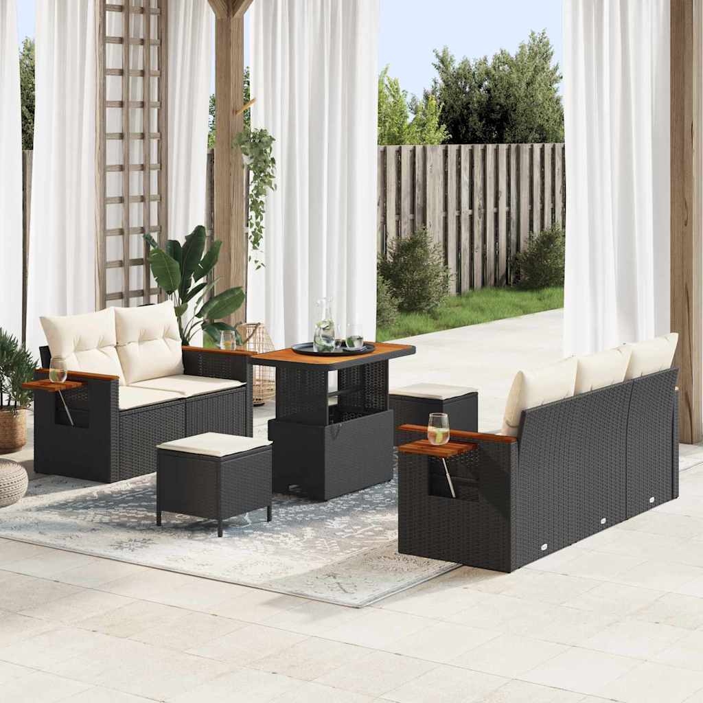 Havesofa sæt i polyrattan - 10 dele, sort/cream, modulopbygget