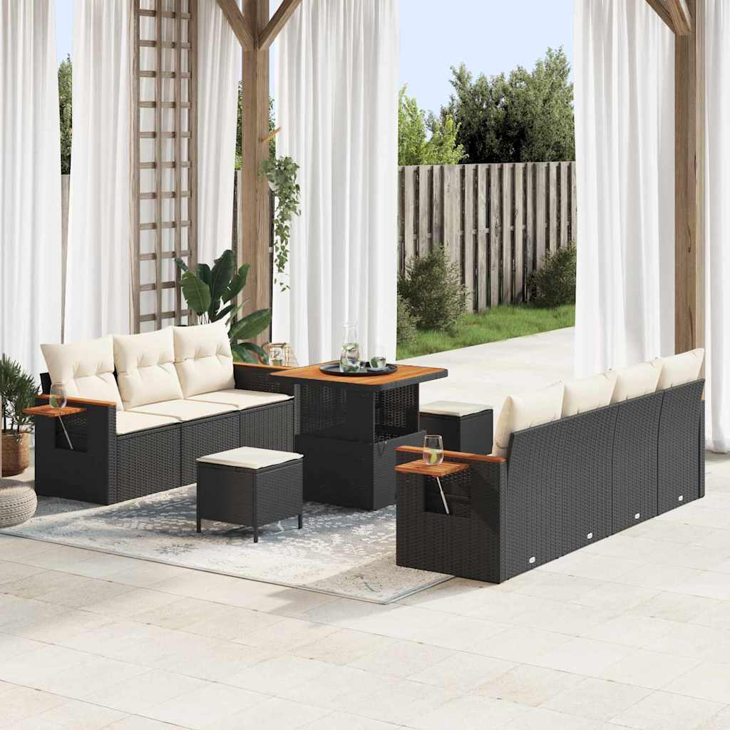 Havesofa sæt med puder - 13 dele, sort/cream i polyrattan