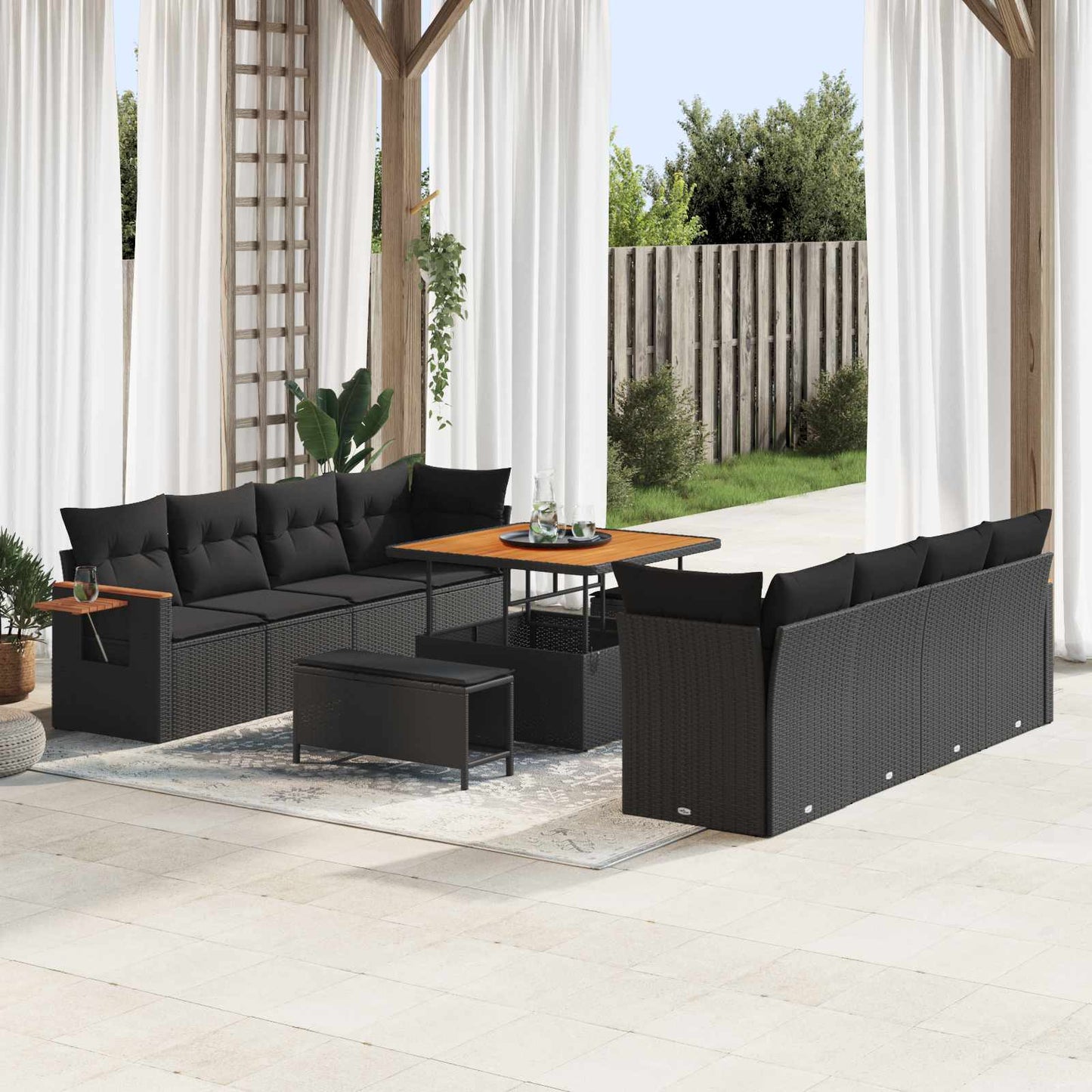 Havesofa Sæt med pude 12 pcs Sort polyrattan