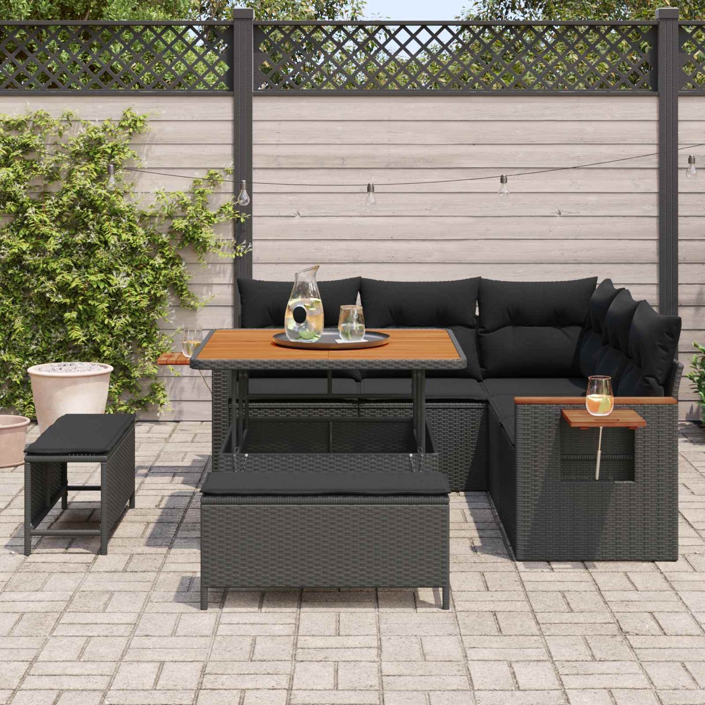 Havesofa Sæt med pude 9 pcs Sort polyrattan