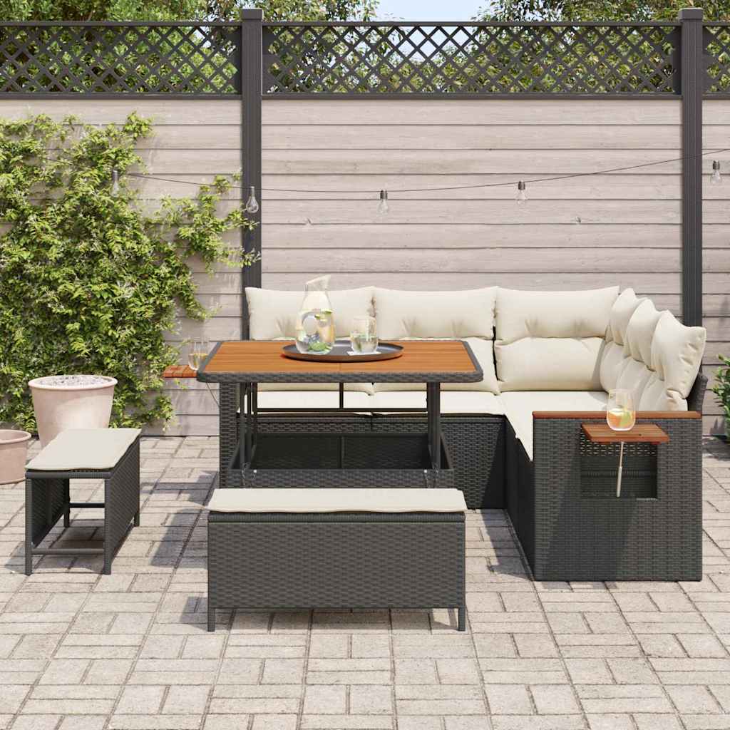 Havesofa Sæt med pude 9 pcs Sort og Cream polyrattan