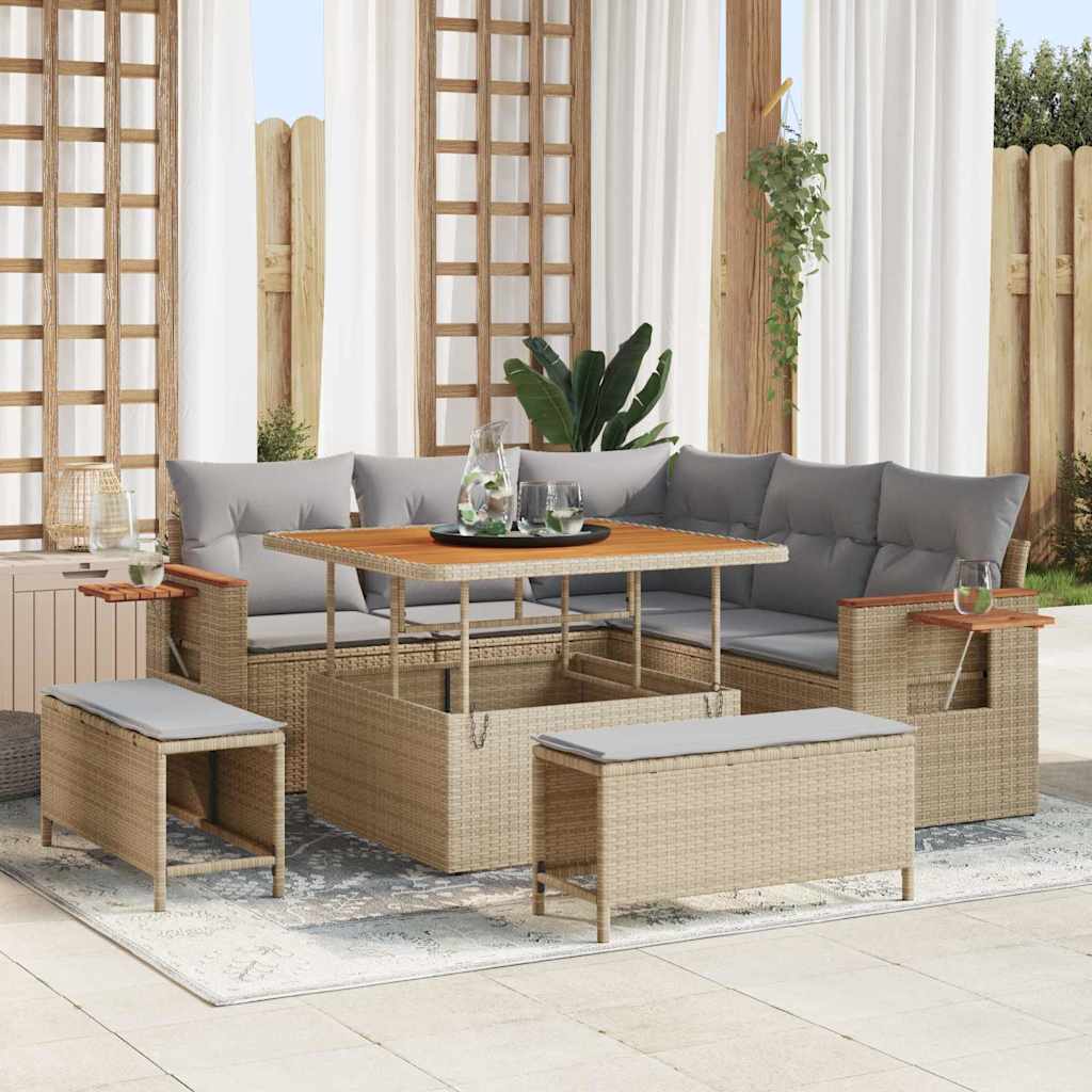 Havesofa Sæt med pude 9 pcs Beige og lys grå polyrattan