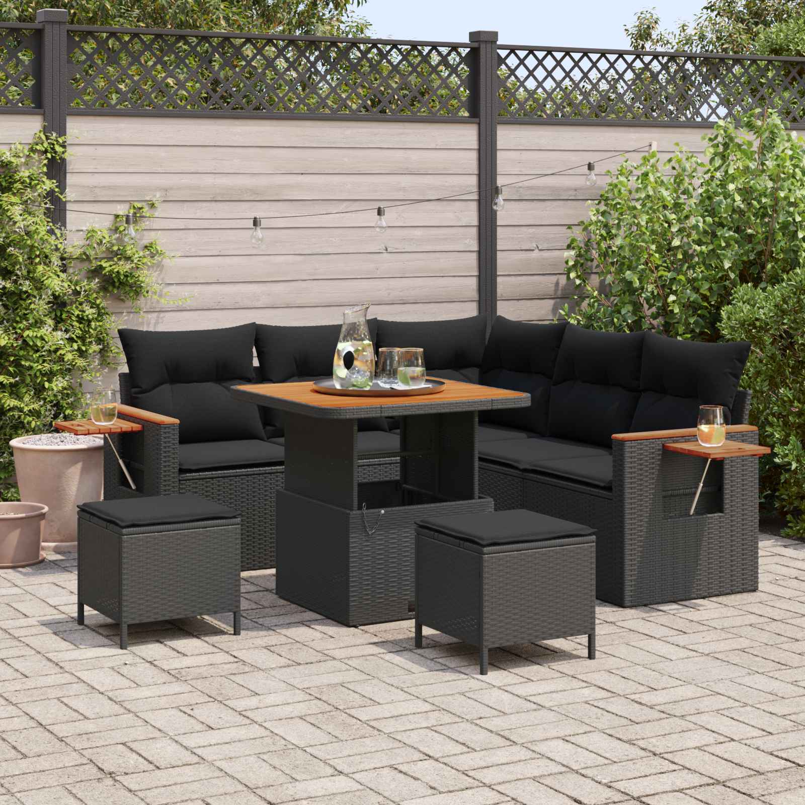 Havesofa Sæt med pude 9 pcs Sort polyrattan billede