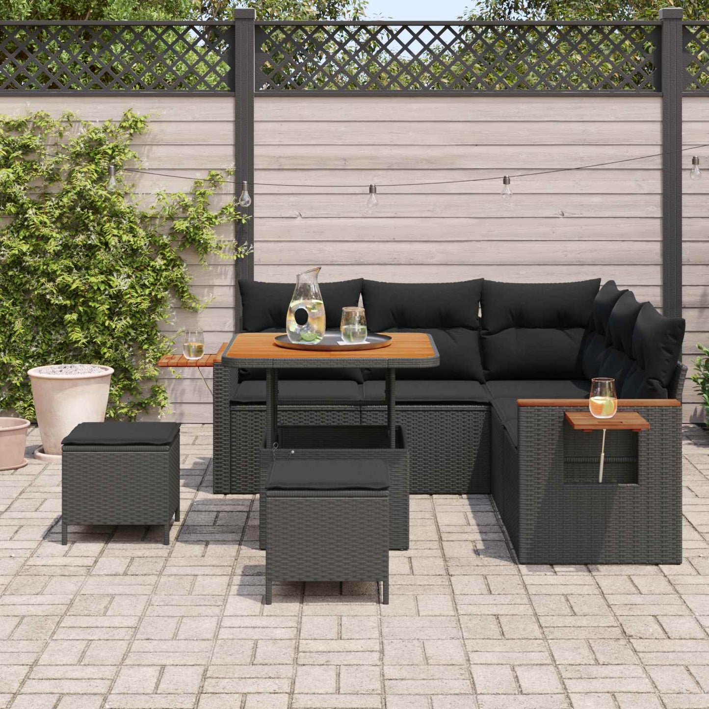 Havesofa Sæt med pude 9 pcs Sort polyrattan