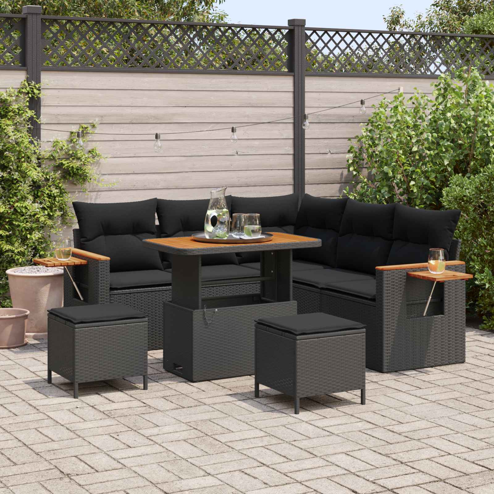 Havesofa Sæt med pude 9 pcs Sort polyrattan billede
