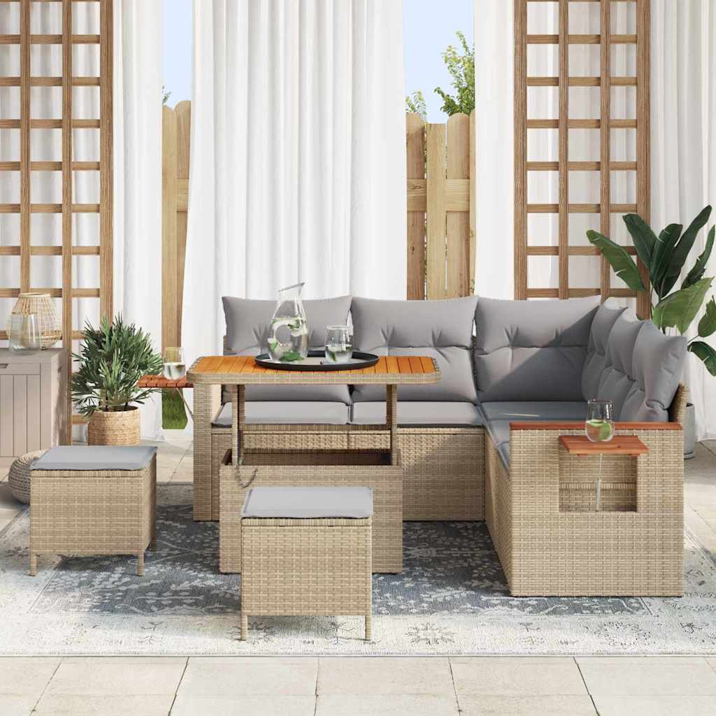 Havesofa Sæt med pude 9 pcs Beige og lys grå polyrattan