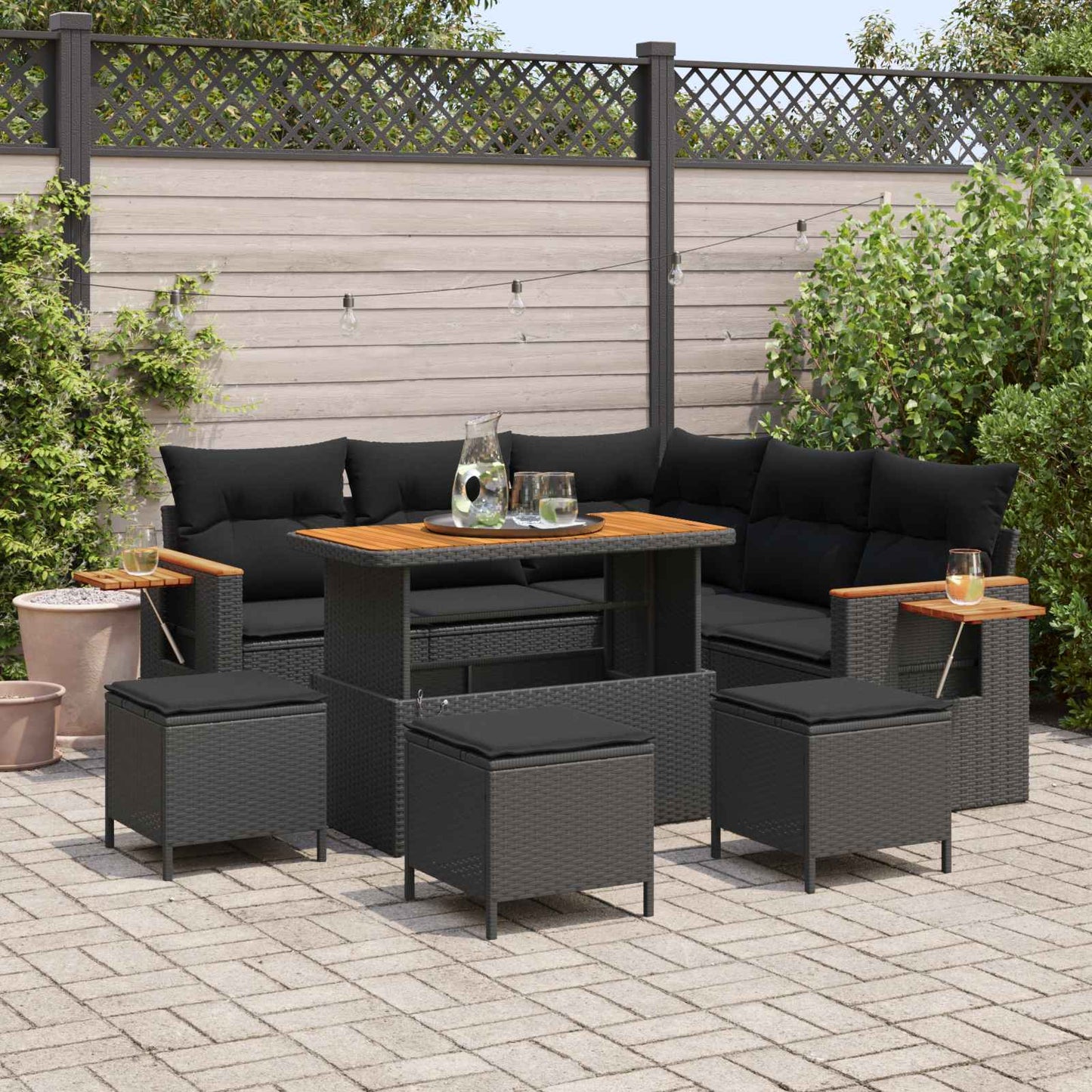 Havesofa Sæt med pude 10 pcs Sort polyrattan