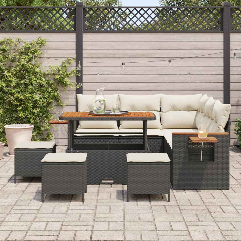 Havesofa Sæt med pude 10 pcs Sort og Cream polyrattan