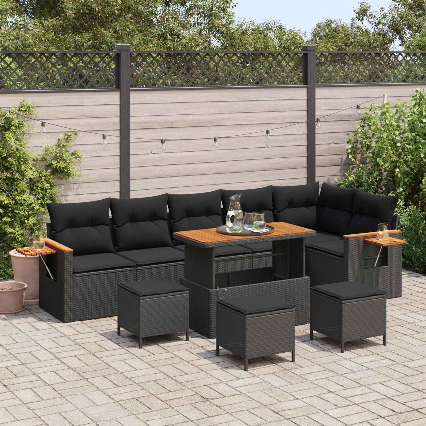 Havesofa Sæt med pude 12 pcs Sort polyrattan