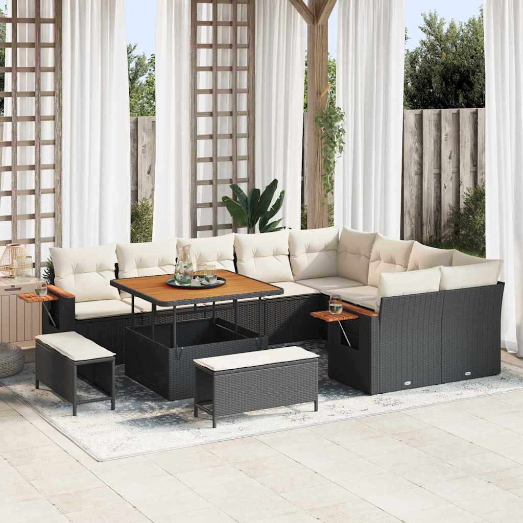 Havesofa Sæt med pude 13 pcs Sort og Cream polyrattan