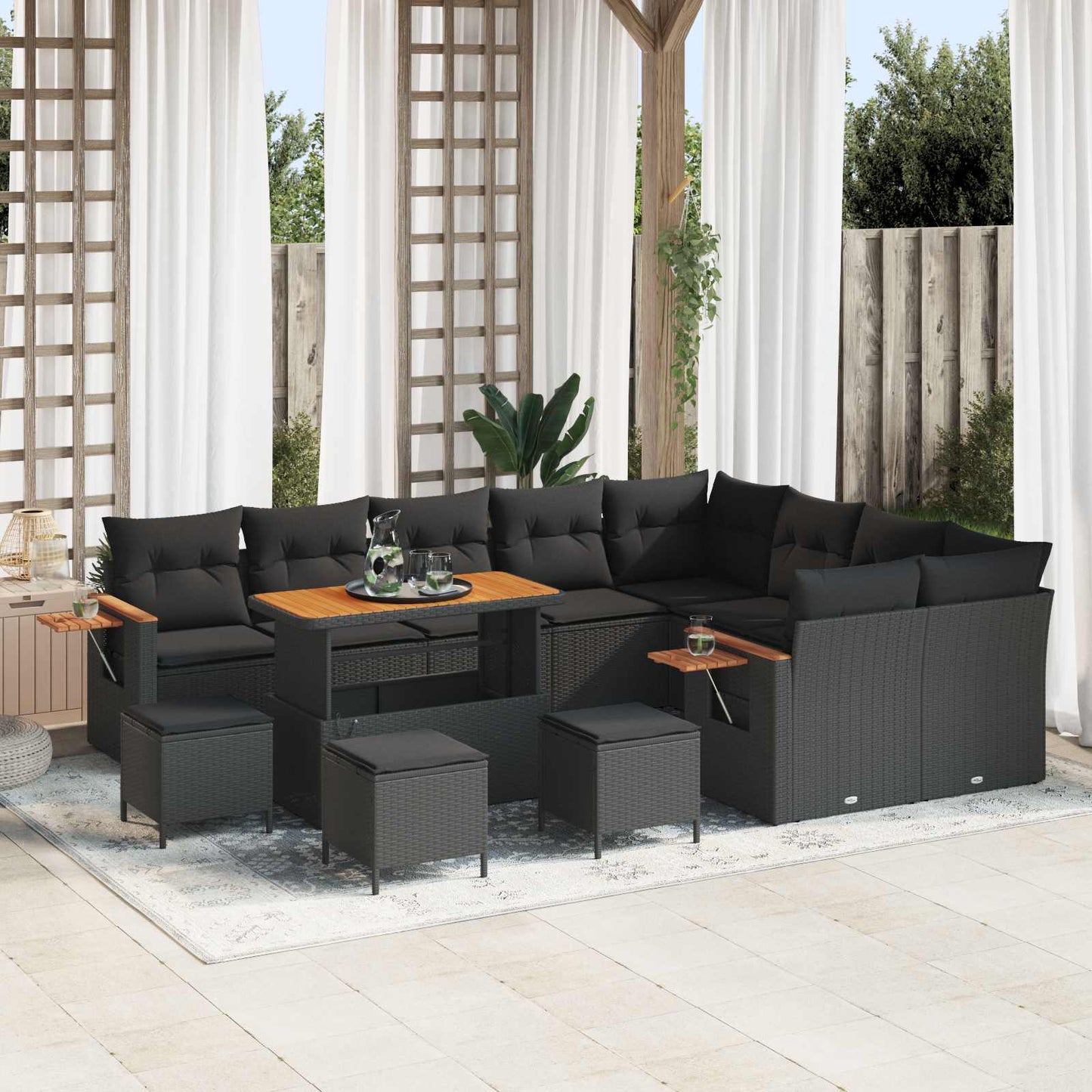 Havesofa Sæt med pude 14 pcs Sort polyrattan