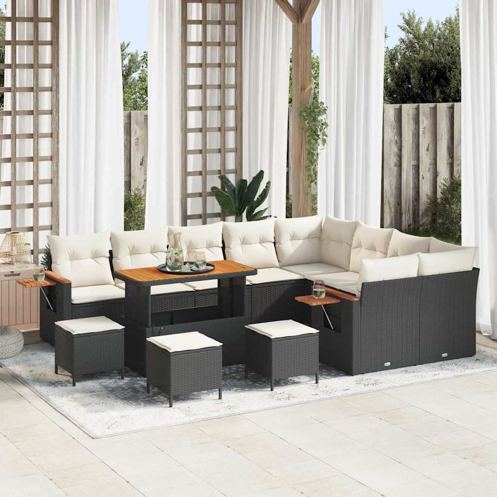 Havesofa Sæt med pude 14 pcs Sort og Cream polyrattan