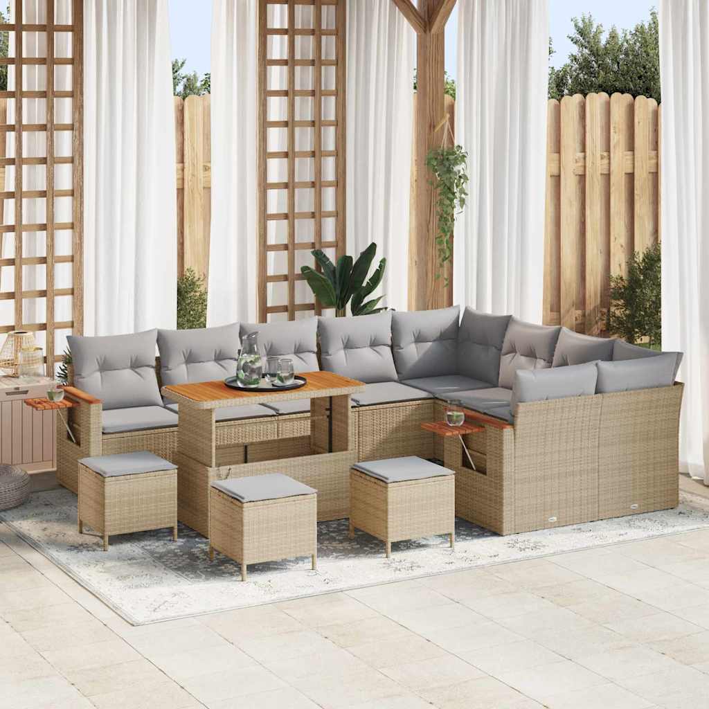 Havesofa Sæt med pude 14 pcs Beige og lys grå polyrattan