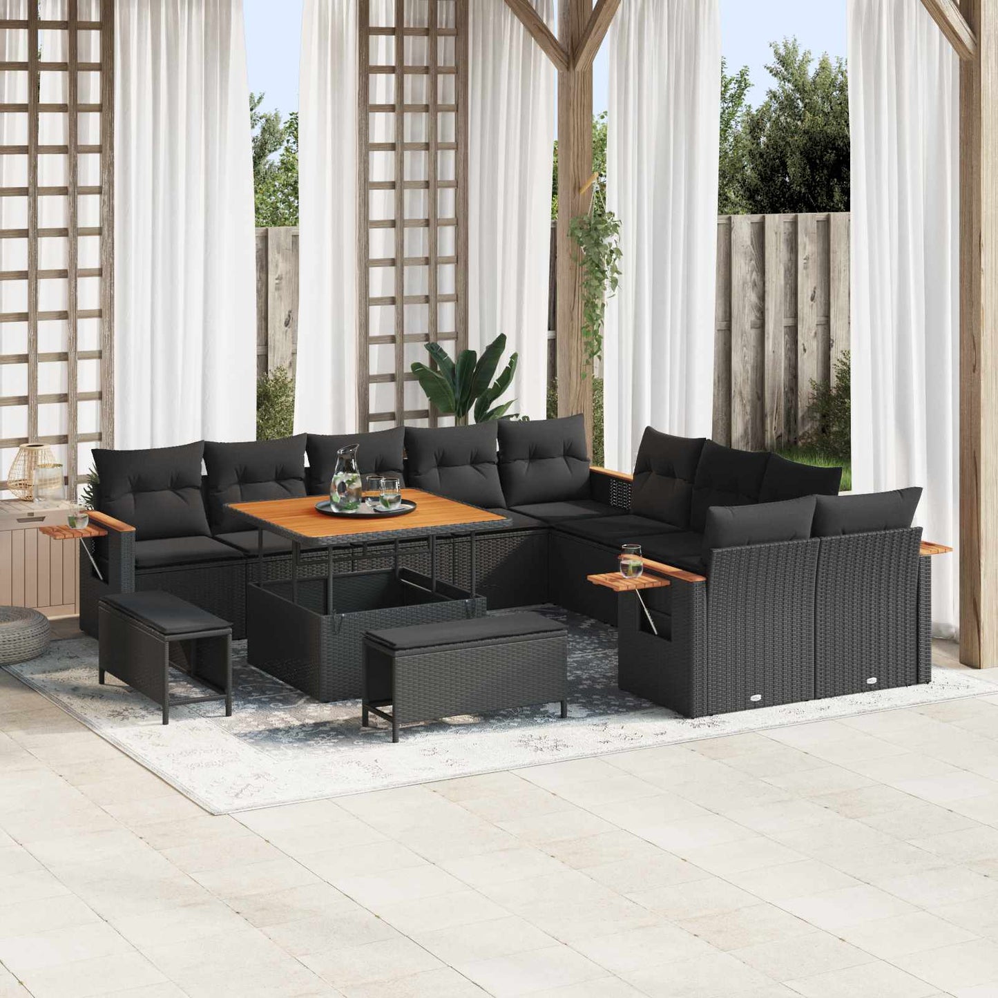 Havesofa Sæt med pude 17 pcs Sort polyrattan
