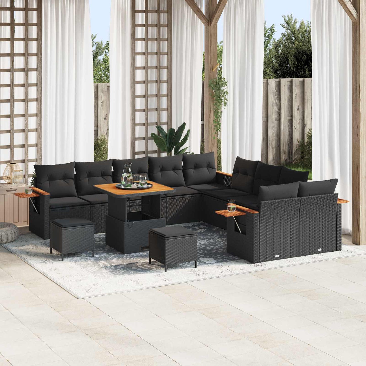Havesofa Sæt med pude 17 pcs Sort polyrattan