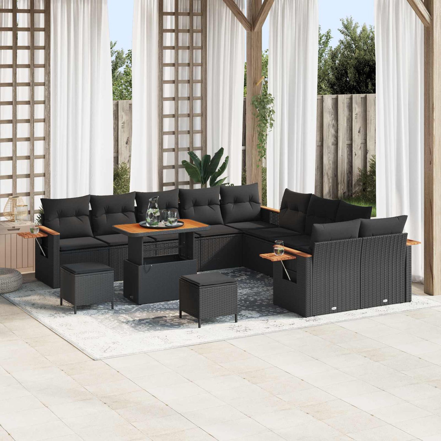 Havesofa Sæt med pude 17 pcs Sort polyrattan