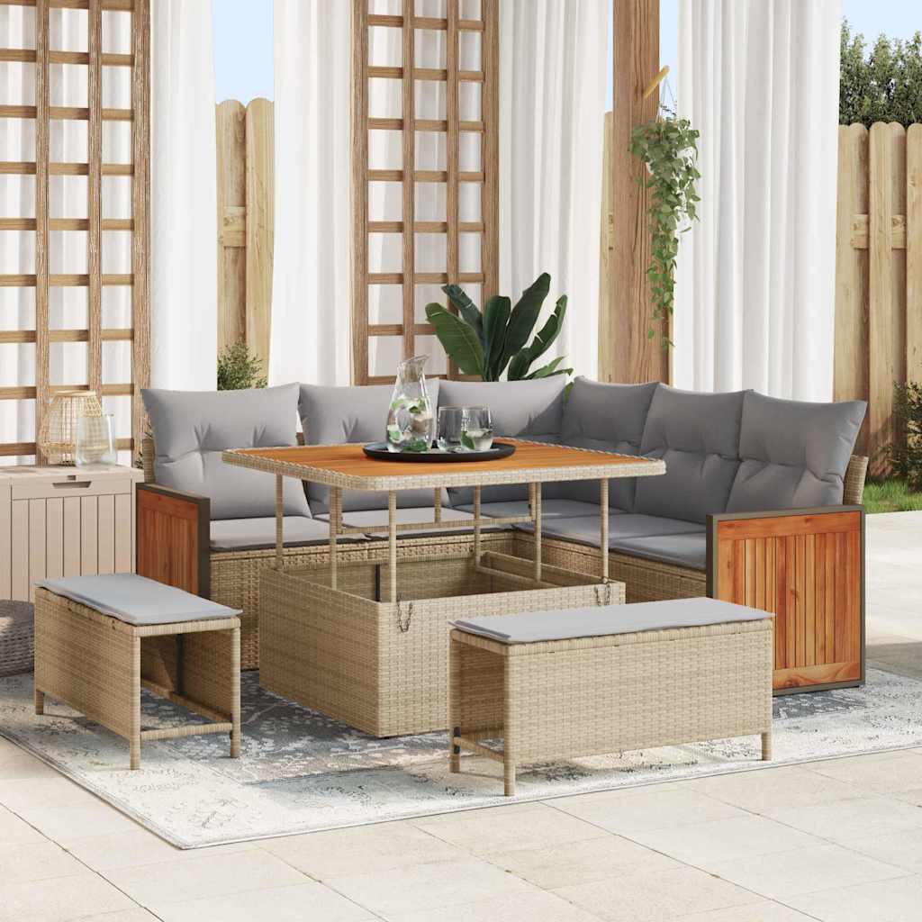 Havesofa Sæt med pude 9 pcs Beige og lys grå polyrattan
